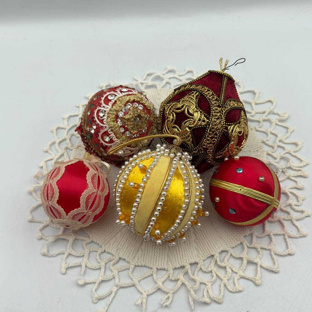 Handmade Christmas Ornaments Red Gold Yellow Victorian Style Set of 5 Mixed Size